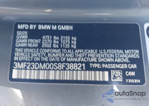 2025 BMW M2 z USA, uszkodzony, nr VIN 3MF23DM00S8F38821